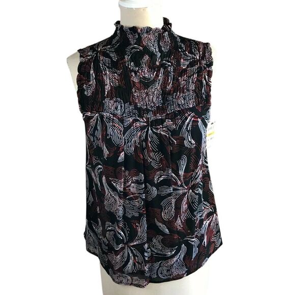 Alfani Sleeveless Ruffled Mock Neck Blouse Abstract Print Black Red White Size S - Picture 1 of 6